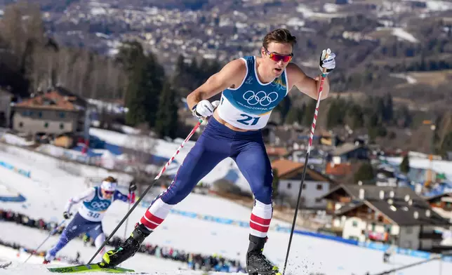 John Steel Hagenbuch, of the United States, competes in the cross country skiing men's 10km interval start free at the 2026 Winter Olympics, in Tesero, Italy, Friday, Feb. 13, 2026. (AP Photo/Kirsty Wigglesworth)