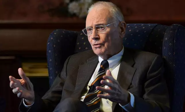 FILE - Former Rep. Lee Hamilton, D-Ind., speaks at the University Speakers Series at Indiana State University, Sept. 20, 2012, in Terre Haute, Ind. (Jim Avelis/The Tribune-Star via AP, File)