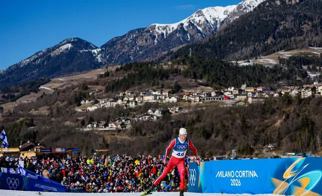 Johannes Hoesflot Klaebo, of Norway, competes in the cross country skiing men's 10km interval start free at the 2026 Winter Olympics, in Tesero, Italy, Friday, Feb. 13, 2026. (AP Photo/Matthias Schrader)
