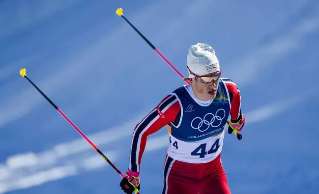 Johannes Hoesflot Klaebo, of Norway, competes in the cross country skiing men's 10km interval start free at the 2026 Winter Olympics, in Tesero, Italy, Friday, Feb. 13, 2026. (AP Photo/Matthias Schrader)