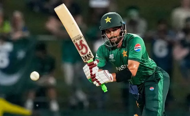 Pakistan's Sahibzada Farhan plays a shot during the T20 World Cup cricket match between England and Pakistan in Pallekele, Sri Lanka, Tuesday, Feb. 24, 2026. (AP Photo/Eranga Jayawardena)