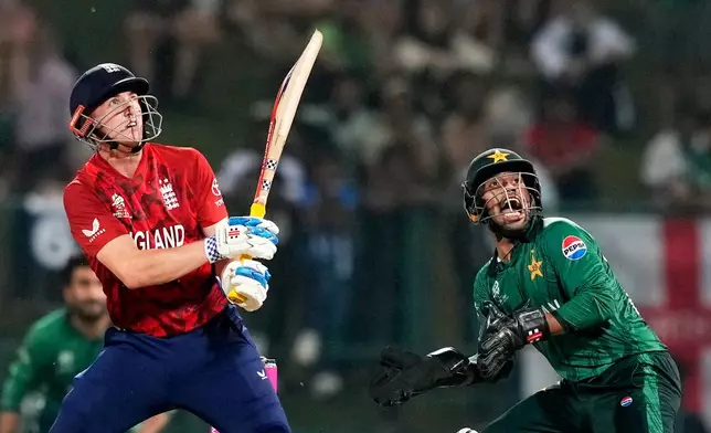 England's captain Harry Brook plays a shot during the T20 World Cup cricket match between England and Pakistan in Pallekele, Sri Lanka, Tuesday, Feb. 24, 2026. (AP Photo/Eranga Jayawardena)