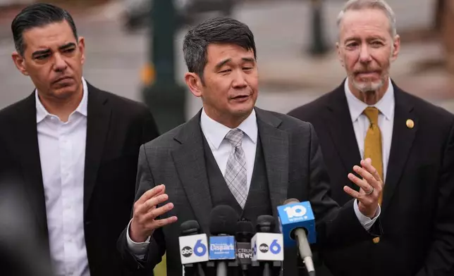 Rep. David Min, D-Calif., speaks during a press conference following the congressional deposition of Les Wexner in the Jeffery Epstein case, Wednesday, Feb. 18, 2026, in New Albany, Ohio. (AP Photo/Joshua A. Bickel)