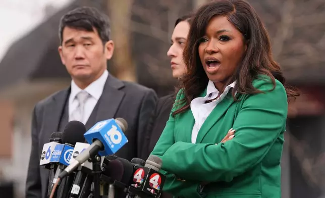 Rep. Jasmine Crockett, D-Texas, speaks during a press conference following the congressional deposition of Les Wexner in the Jeffery Epstein case, Wednesday, Feb. 18, 2026, in New Albany, Ohio. (AP Photo/Joshua A. Bickel)
