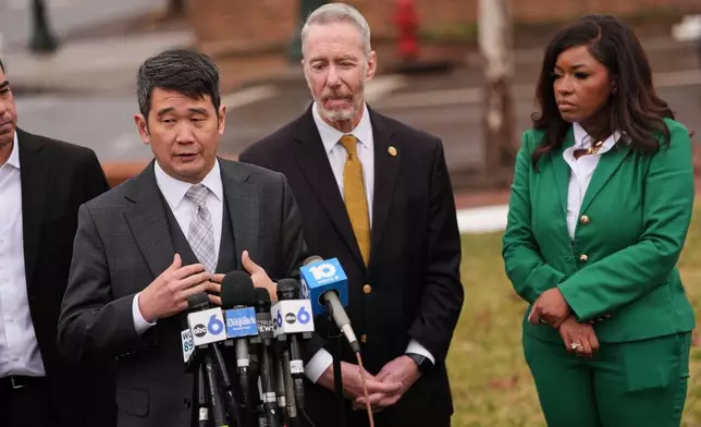Rep. David Min, D-Calif., left, speaks during a press conference following the congressional deposition of Les Wexner in the Jeffery Epstein case, Wednesday, Feb. 18, 2026, in New Albany, Ohio. (AP Photo/Joshua A. Bickel)