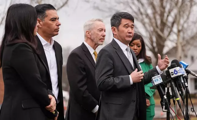Rep. David Min, D-Calif., speaks during a press conference following the congressional deposition of Les Wexner in the Jeffery Epstein case, Wednesday, Feb. 18, 2026, in New Albany, Ohio. (AP Photo/Joshua A. Bickel)
