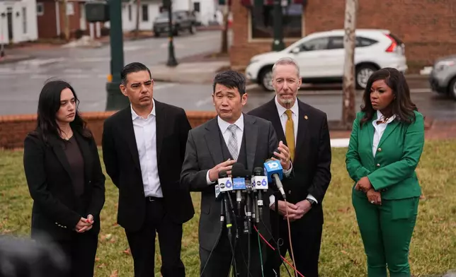Rep. David Min, D-Calif., speaks during a press conference following the congressional deposition of Les Wexner in the Jeffery Epstein case, Wednesday, Feb. 18, 2026, in New Albany, Ohio. Behind from left are Reps. Yassamin Ansari, D-Ariz.; Robert Garcia, D-Calif.; Stephen Lynch, D-Mass.; and Jasmine Crockett, D-Texas. (AP Photo/Joshua A. Bickel)