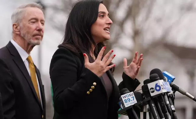Rep. Yassamin Ansari, D-Ariz., speaks during a press conference following the congressional deposition of Les Wexner in the Jeffery Epstein case, Wednesday, Feb. 18, 2026, in New Albany, Ohio. (AP Photo/Joshua A. Bickel)