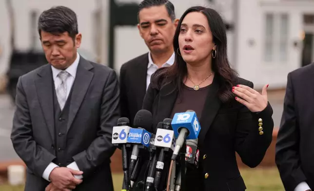 Rep. Yassamin Ansari, D-Ariz., speaks during a press conference following the congressional deposition of Les Wexner in the Jeffery Epstein case, Wednesday, Feb. 18, 2026, in New Albany, Ohio. (AP Photo/Joshua A. Bickel)