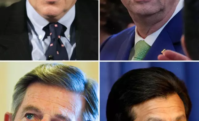 This photo combination shows, from top left, former agriculture secretary under President Bill Clinton Dan Glickman in Washington, March 28, 2005, Veterans Affairs Secretary Doug Collins in Washington, March 12, 2025, former Veterans Affairs Secretary James Nicholson in Washington, Sept. 18, 2007, and former Attorney General Alberto Gonzales in New Orleans, Aug. 28, 2007. (AP Photo/Lawrence Jackson, Alex Brandon, Manuel Balce Ceneta, File)