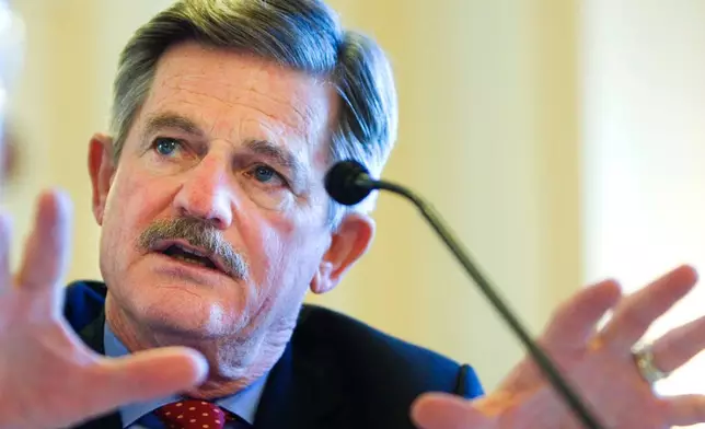 FILE - Veterans Affairs Secretary James Nicholson testifies on Capitol Hill in Washington, Sept. 18, 2007, before the House Veterans Affairs Committee hearing on the state of the Veterans Affairs Department. (AP Photo/Manuel Balce Ceneta, file)