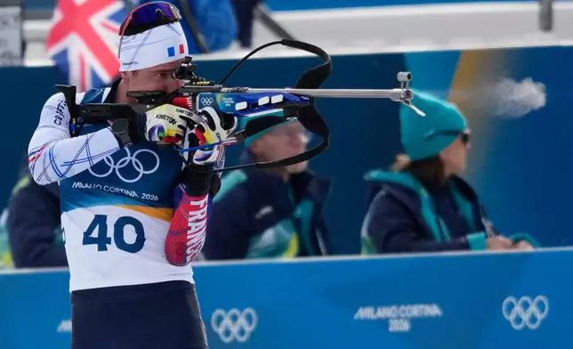 Quentin Fillon Maillet, of France, competes during the men's 10-kilometer sprint biathlon race at the 2026 Winter Olympics in Anterselva, Italy, Friday, Feb. 13, 2026. (AP Photo/Bernat Armangue)