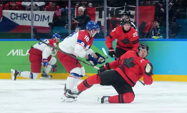 Czechia's Ondrej Palat (18) checks Canada's Sidney Crosby (87) during the second period of a men's ice hockey quarterfinal game at the 2026 Winter Olympics, in Milan, Italy, Wednesday, Feb. 18, 2026. (Darryl Dyck/The Canadian Press via AP)