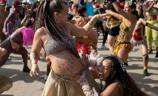 Revelers performs during the Amigos da Onca Carnival street party in Rio de Janeiro, Saturday, Feb. 14, 2026. (AP Photo/Bruna Prado)