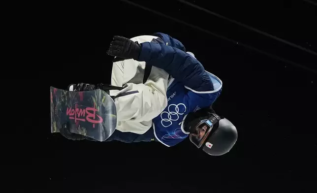 Japan's Ayumu Hirano practices during a snowboard halfpipe training session at the 2026 Winter Olympics, in Livigno, Italy, Sunday, Feb. 8, 2026. (AP Photo/Lindsey Wasson)