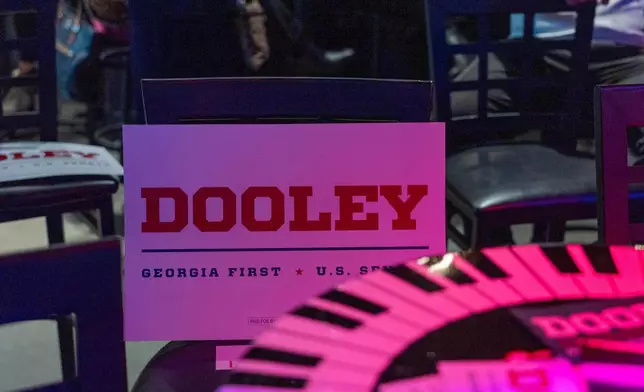 A political campaign sign for Derek Dooley, a Republican candidate for Senate in Georgia, is displayed during an Atlanta Young Republicans campaign event Thursday, Feb. 12, 2026, in Atlanta. (AP Photo/Alyssa Pointer)