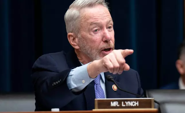 Rep. Stephen Lynch, D-Mass., questions Secretary of the Treasury Scott Bessent during a House Financial Services Committee hearing on Capitol Hill in Washington, Wednesday, Feb. 4, 2026. (AP Photo/Nathan Howard)