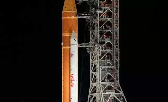 The NASA Artemis II SLS (Space Launch System) rocket with the Orion spacecraft is seen at Launch Complex 39B at the Kennedy Space Center, Sunday, Feb. 1, 2026, in Cape Canaveral, Fla. (AP Photo/John Raoux)