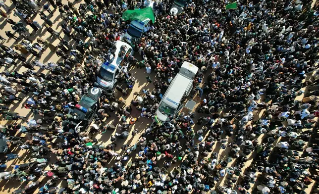 Thousands of Libyans crowd to attend the funeral of Seif al-Islam, son of former Libyan Leader Moammar Gadhafi, in Bani Walid city, Libya, Friday, Feb. 6, 2026. (AP Photo)