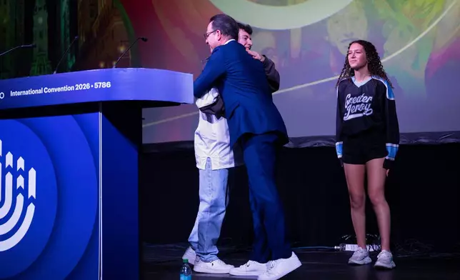 Pennsylvania Gov. Josh Shapiro greets speakers during a B'nai B'rith Youth Organization International Convention on Thursday, Feb. 12, 2026, in Philadelphia. (AP Photo/Joe Lamberti)