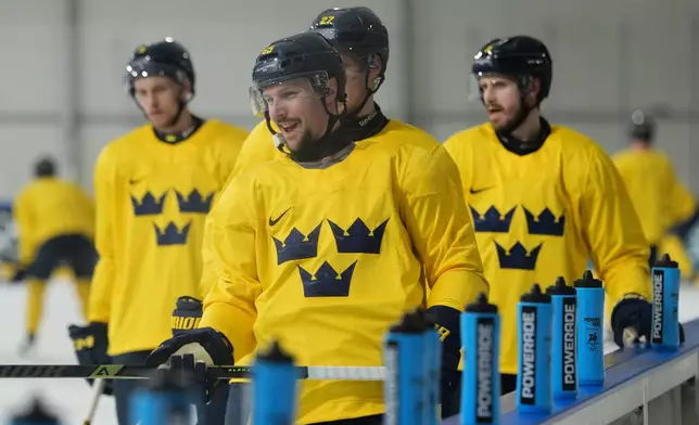 Sweden's Erik Karlsson during men's ice hockey practice at the 2026 Winter Olympics, in Milan, Italy, Sunday, Feb. 8, 2026. (AP Photo/Carolyn Kaster)