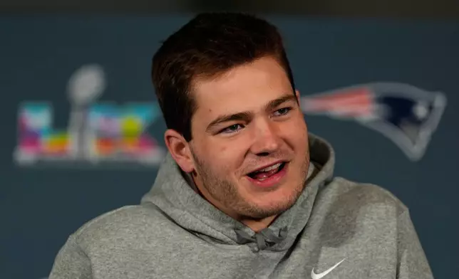 New England Patriots quarterback Drake Maye talks to the media during a news conference Thursday, Feb. 5, 2026, in Santa Clara, Calif., ahead of the Super Bowl 60 NFL football game between the New England Patriots and the Seattle Seahawks. (AP Photo/Charlie Riedel)