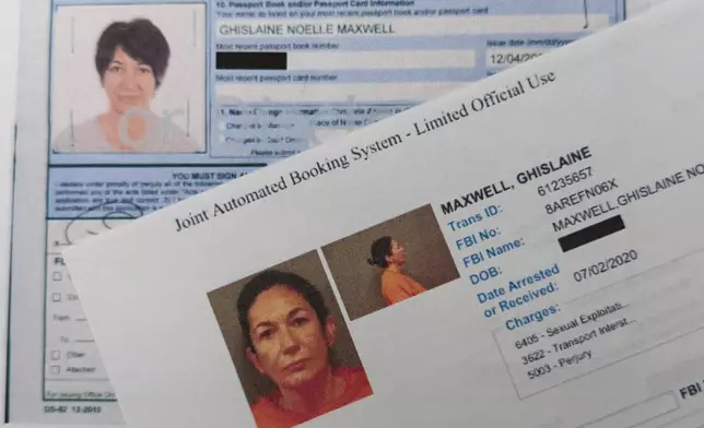 A document that was included in the U.S. Department of Justice release of the Jeffrey Epstein files, photographed Tuesday, Feb. 3, 2026, shows a U.S. passport renewal in 2012 and a federal booking system form from 2020 for Ghislaine Maxwell. (AP Photo/Jon Elswick)