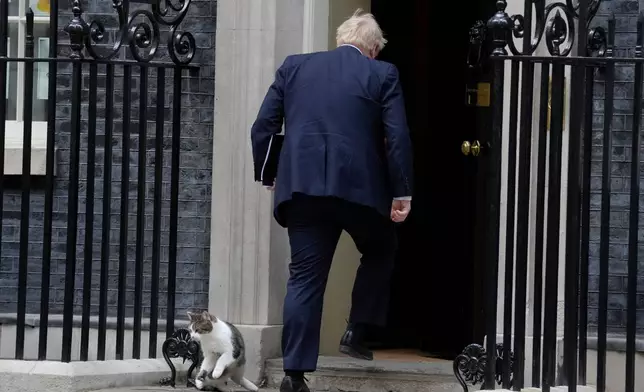 FILE - Larry the Cat, Britain's Chief Mouser to the Cabinet Office moves out of the way as Britain's Prime Minister Boris Johnson enters 10 Downing Street after attending a press conference with German Chancellor Olaf Scholz in London, Friday, April 8, 2022. (AP Photo/Kirsty Wigglesworth, File)