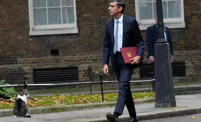 FILE - New British Prime Minister Rishi Sunak arrives as Larry the cat sits at Downing Street in London, Tuesday, Oct. 25, 2022, after returning from Buckingham Palace where he was formally appointed to the post by Britain's King Charles III. (AP Photo/Frank Augstein, File)