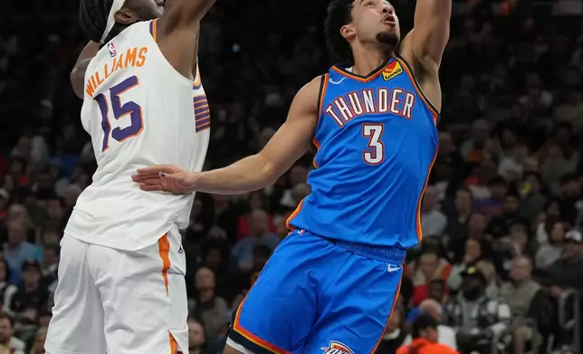 Oklahoma City Thunder guard Jared McCain (3) drives past Phoenix Suns center Mark Williams during the first half of an NBA basketball game, Wednesday, Feb. 11, 2026, in Phoenix. (AP Photo/Rick Scuteri)
