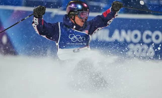 United States' Mac Forehand celebrates during the men's freestyle skiing big air finals at the 2026 Winter Olympics, in Livigno, Italy, Tuesday, Feb. 17, 2026. (AP Photo/Lindsey Wasson)