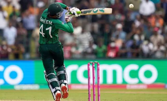 Pakistan's Faheem Ashraf plays a shot during the T20 World Cup cricket match between Netherlands and Pakistan in Colombo, Sri Lanka, Saturday, Feb. 7, 2026. (AP Photo/Eranga Jayawardena)