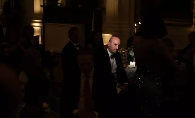 White House Deputy Chief of Staff Stephen Miller attends the National Governors Association dinner at the White House in Washington, on Saturday, Feb. 21, 2026. (AP Photo/Allison Robbert)