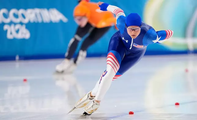 Brittany Bowe of the U.S. competes in the women's 1500 meters speedskating race at the 2026 Winter Olympics, in Milan, Italy, Friday, Feb. 20, 2026. (AP Photo/Ben Curtis)