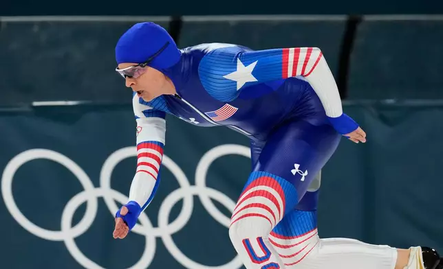 Brittany Bowe of the U.S. competes in the women's 1500 meters speedskating race at the 2026 Winter Olympics, in Milan, Italy, Friday, Feb. 20, 2026. (AP Photo/Luca Bruno)