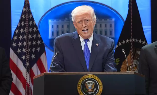 President Donald Trump speaks during a press briefing at the White House, Friday, Feb. 20, 2026, in Washington. (AP Photo/Evan Vucci)