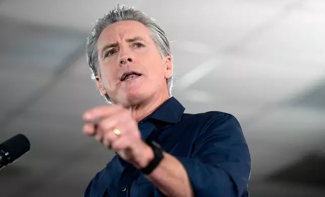 FILE - California Gov. Gavin Newsom speaks during a rally with Harris County Democrats at the IBEW local 716 union hall Nov. 8, 2025, in Houston. (AP Photo/Karen Warren, File)