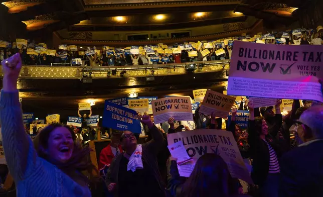 People cheer during a performance by Tom Morello at a campaign event for a proposed "billionaires tax," in Los Angeles, Wednesday, Feb. 18, 2026. (AP Photo/Jae C. Hong)