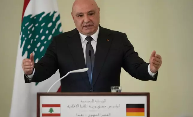 Lebanese President Joseph Aoun speaks during a joint press conference with his German counterpart Frank-Walter Steinmeier, not pictured, at the presidential palace in Baabda, east of Beirut, Lebanon, Monday, Feb. 16, 2026. (AP Photo/Hussein Malla)