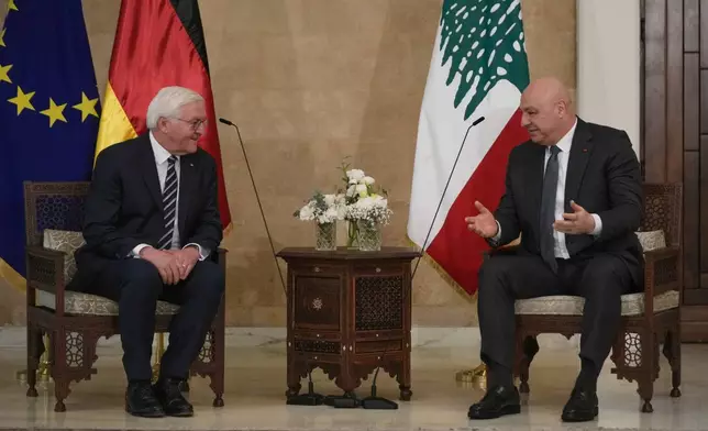 Lebanese President Joseph Aoun, right, meets with his German counterpart Frank-Walter Steinmeier, at the presidential palace in Baabda, east of Beirut, Lebanon, Monday, Feb. 16, 2026. (AP Photo/Hussein Malla)