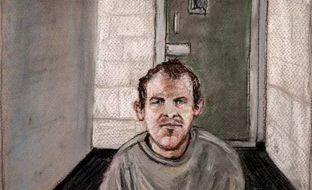 FILE - In this courtroom drawing Brenton Tarrant, the man convicted of killing 51 people at two Christchurch mosques, appears via video link at the Christchurch District Court, in Christchurch, New Zealand, June 14, 2019. (AP Photo/Stephanie McEwin, File)