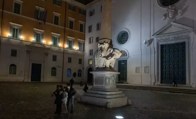 The iconic Elephant and Obelisk monument in Rome, designed by Baroque sculptor Gian Lorenzo Bernini, is seen without the tip of the left tusk on Tuesday, Feb. 17, 2026, after Police found an 11-centimeter (4-inch) marble fragment near the statue over the weekend. (Francesco Benvenuti/Lapresse via AP)