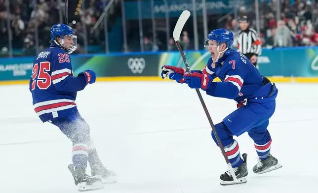 United States' Brady Tkachuk, right, celebrates after scoring his side's second goal during a preliminary round match of men's ice hockey between United States and Denmark at the 2026 Winter Olympics, in Milan, Italy, Saturday, Feb. 14, 2026. (AP Photo/Petr David Josek)