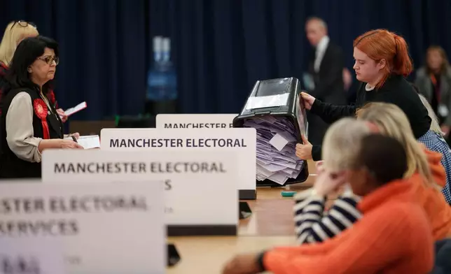 The count begins after voting ends in the Gorton and Denton by-election, Manchester, England, Thursday, Feb. 26, 2026. (AP Photo/Jon Super)