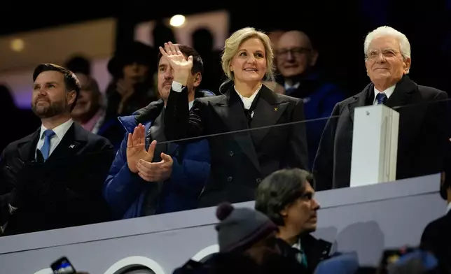 U.S. Vice President JD Vance, left, IOC President Kirsty Coventry, third from left, and Italian President Sergio Mattarella, right, attend the Olympic opening ceremony at the 2026 Winter Olympics, in Milan, Italy, Friday, Feb. 6, 2026. (AP Photo/Ashley Landis)