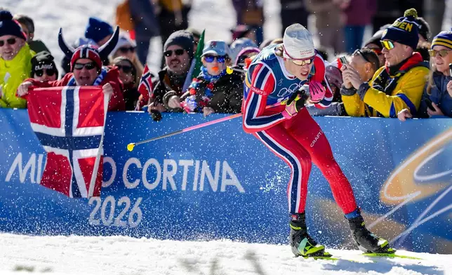 Johannes Hoesflot Klaebo, of Norway, competes in the cross country skiing men's 4 x 7.5km relay at the 2026 Winter Olympics, in Tesero, Italy, Sunday, Feb. 15, 2026. (AP Photo/Matthias Schrader)