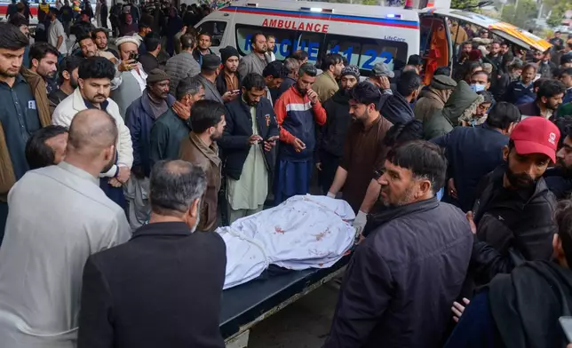 Relatives and volunteers transport a victim of bomb explosion in a Shiite mosque, from at a hospital in Islamabad, Pakistan, Friday, Feb. 6, 2026. (AP Photo/M.A Sheikh)