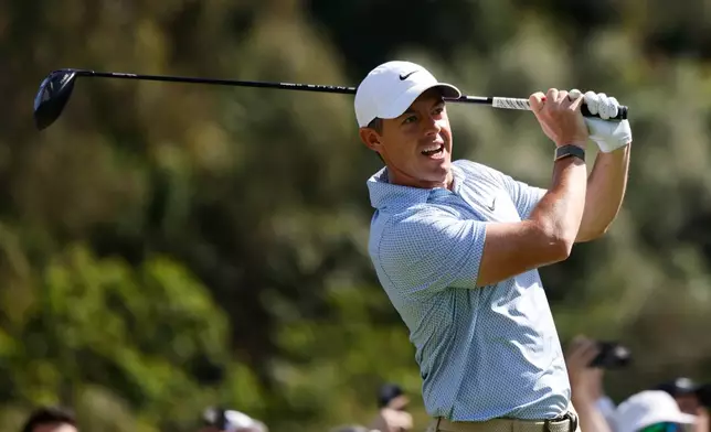Rory McIlroy, from Northern Ireland, hits from the second tee during the final round of the Genesis Invitational golf tournament at Riviera Country Club, Sunday, Feb. 22, 2026, in the Pacific Palisades area of Los Angeles. (AP Photo/Caroline Brehman )