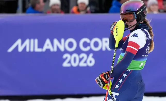 United States' Mikaela Shiffrin at the finish area during an alpine ski, slalom portion of a women's team combined race, at the 2026 Winter Olympics, in Cortina d'Ampezzo, Italy, Tuesday, Feb. 10, 2026. (AP Photo/Robert F. Bukaty)
