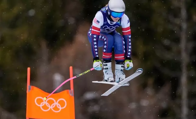 United States' Lindsey Vonn in action during alpine ski women's downhill training, at the 2026 Winter Olympics, in Cortina d'Ampezzo, Italy, Saturday, Feb. 7, 2026. (AP Photo/Robert F. Bukaty)